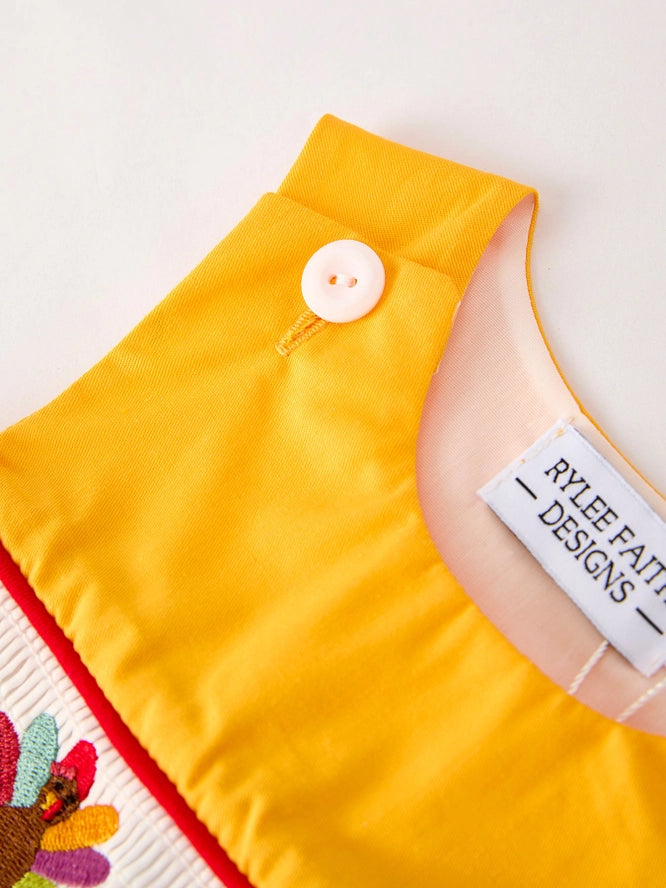 Thanksgiving Turkey Embroidered Yellow Boys Romper (ETA: mid/late July)
