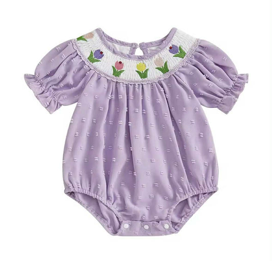 Purple Swiss Dot Tulip Romper