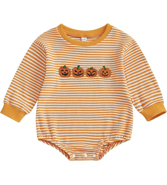 Long Sleeved Striped Pumpkin Ribbed Romper