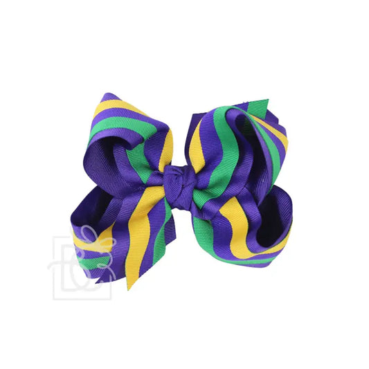 Layered Mardi Gras Stripe Bow On Alligator Clip 5.5" by Beyond Creations