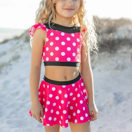 Girls Pink & Black Mini Dot Ruffle Skirted 2 Piece Swimsuit