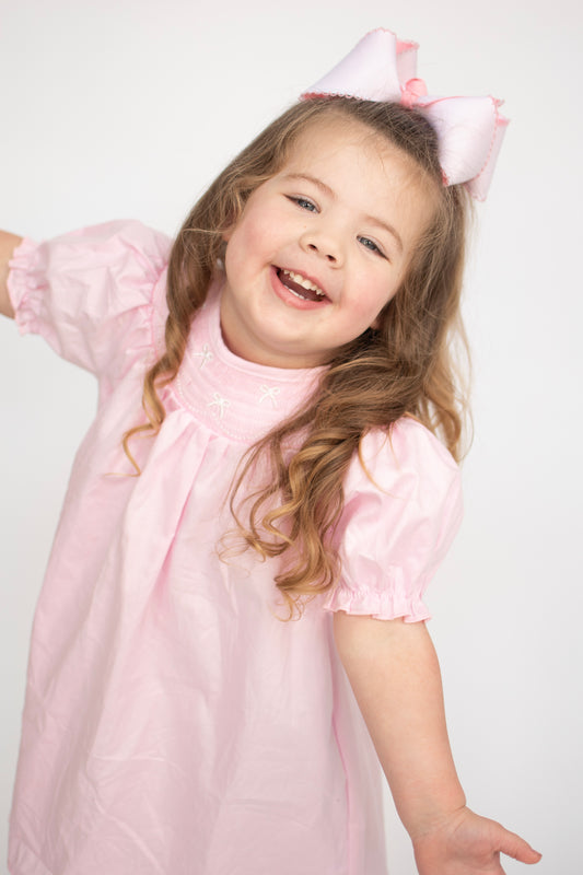 Bow Smocking Embroidered Pastel Pink Dress