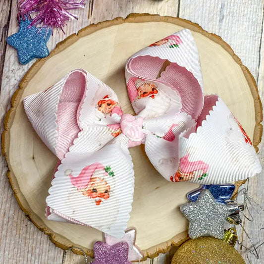 Scalloped Santa Print Hair Bow in Pink