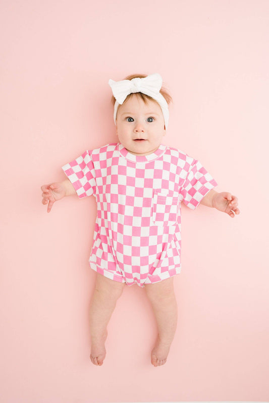 Pink Checkered Pocket Romper