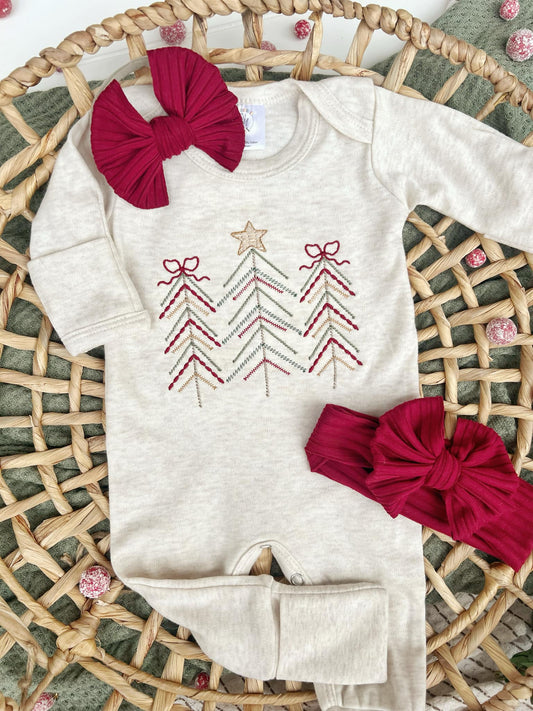 Oatmeal Baby Girl Romper Christmas Tree