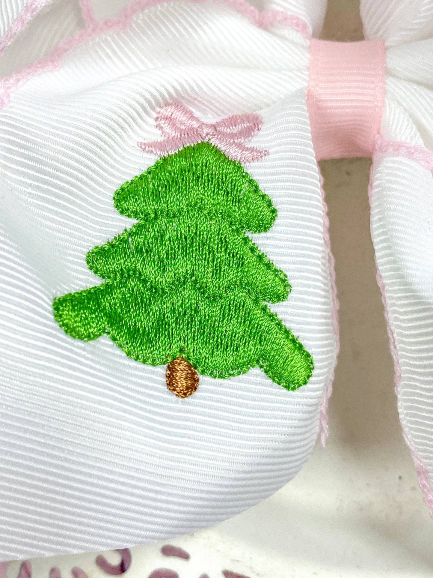 Pink Christmas Tree Embroidered Hair Bow | Clip or Headband