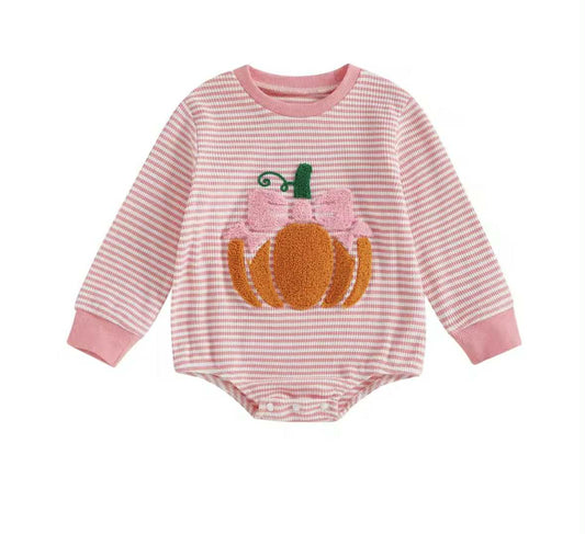 Pink Waffle Bow Pumpkin Romper