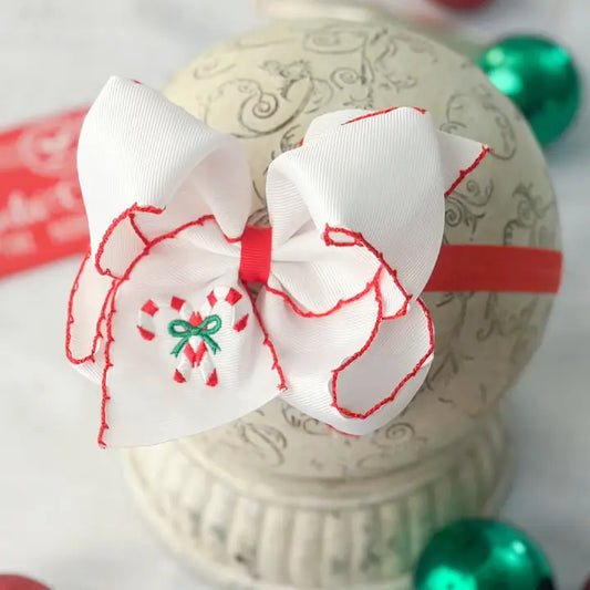Candy Cane Embroidered Moonstitch Bow Headband