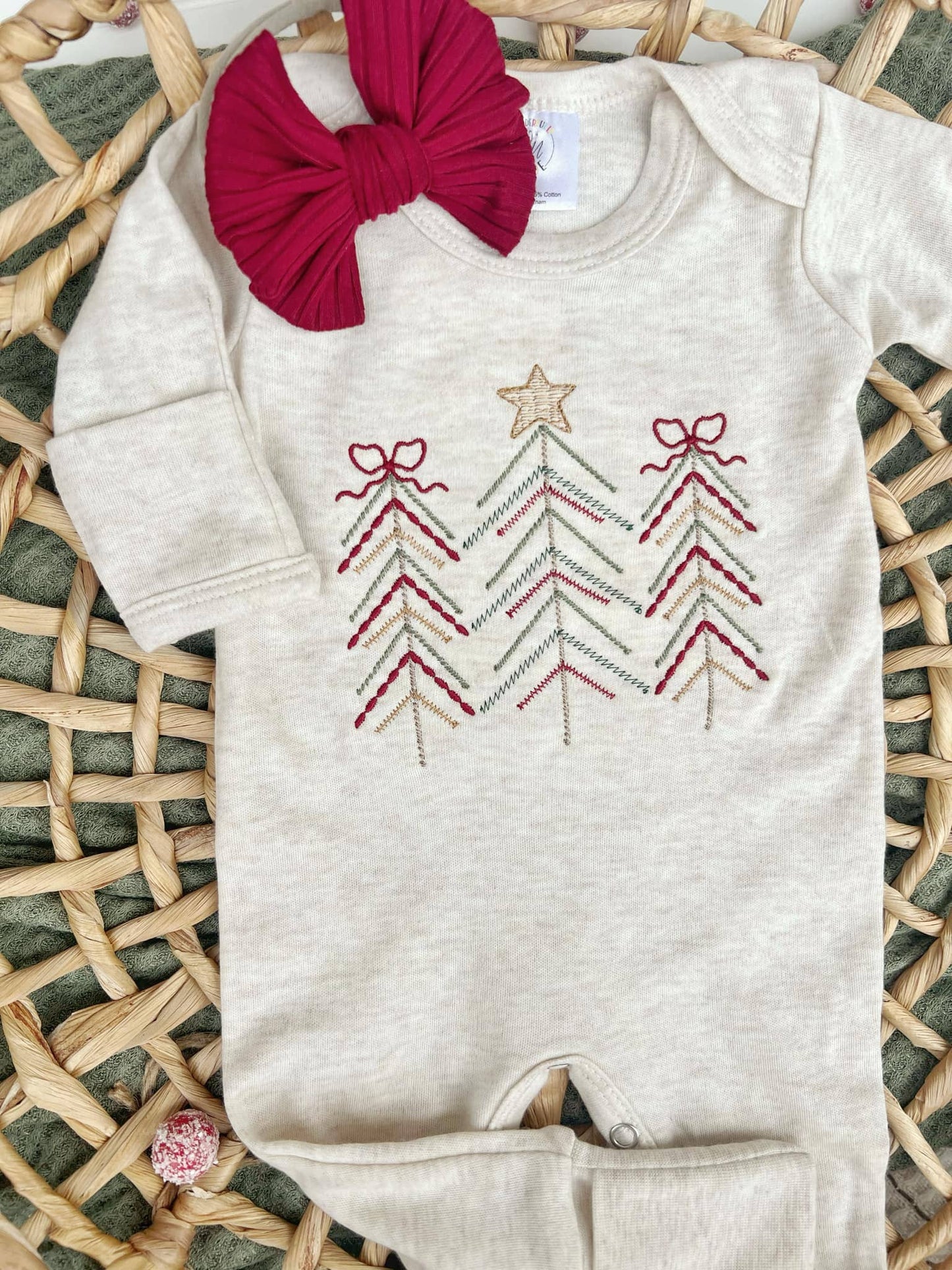 Oatmeal Baby Girl Romper Christmas Tree