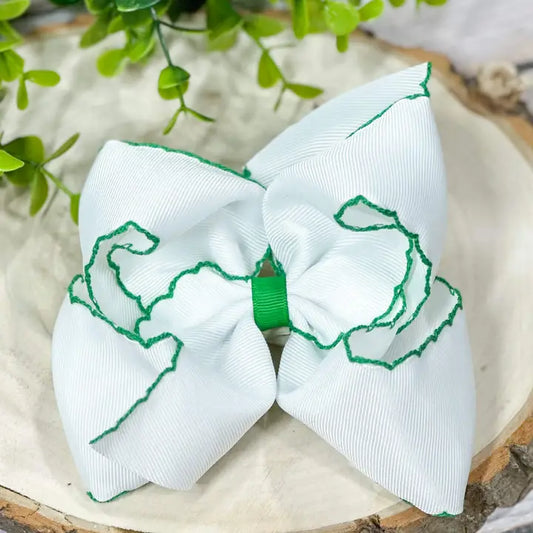 White with Green Moonstitch Hair Bow