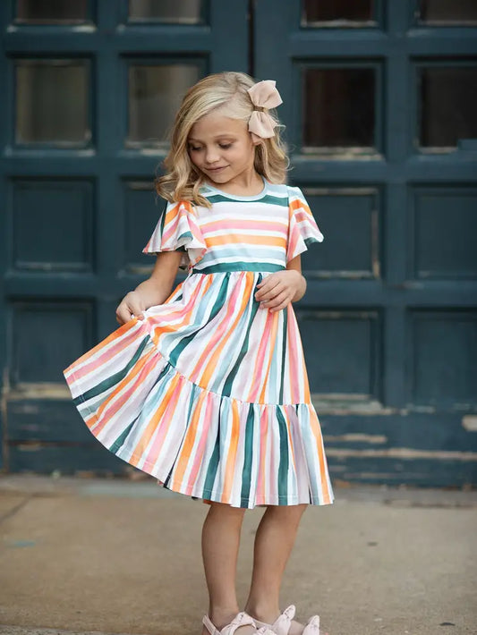 Kids Boho Rainbow Stripe Spring Flutter Sleeve Dress