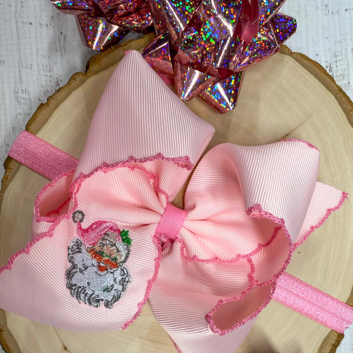 Pink Santa Embroidered Hair Bow Headband
