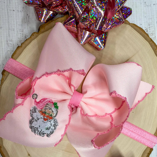Pink Santa Embroidered Hair Bow Headband