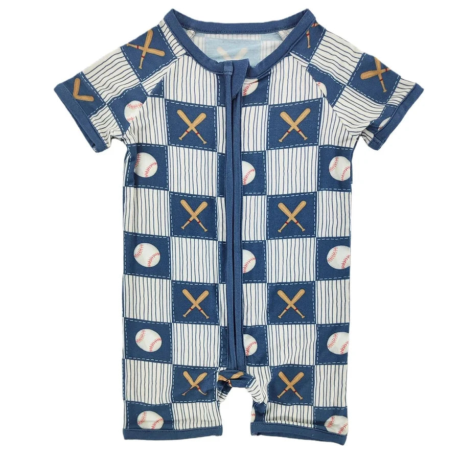 Baseball Patchwork Bamboo Short Romper (newborn)