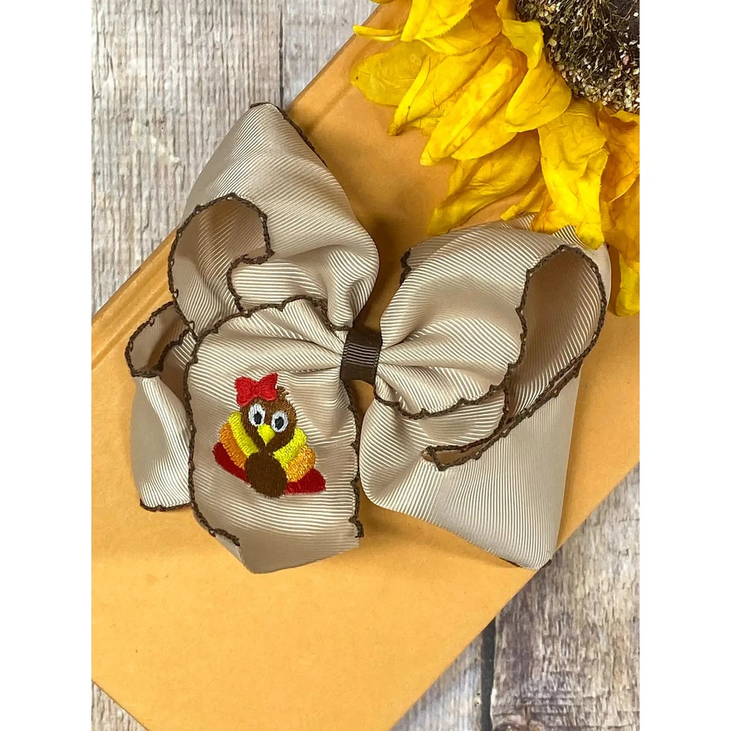 Turkey Embroidered Moonstitch Hair Bow 5"