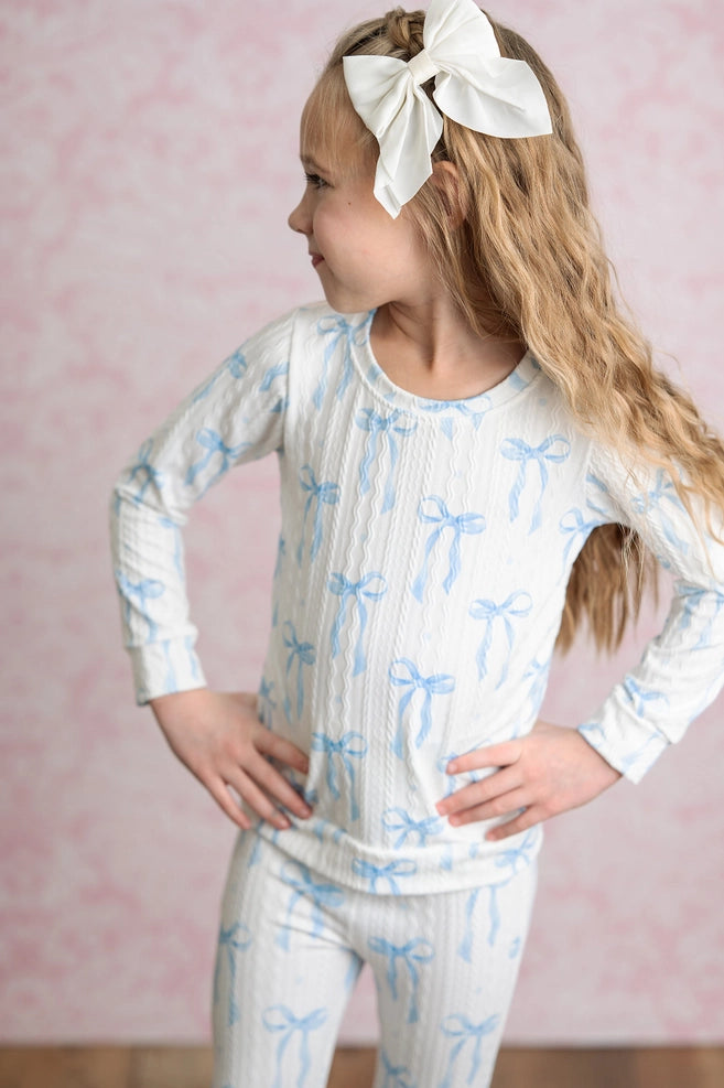 Coquette Blue Bow Cable Knit Flare Bottom Set