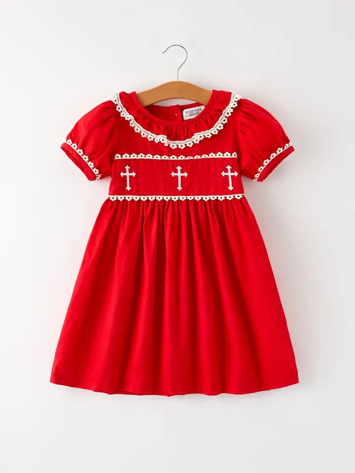 Red Cross Embroidery Dress with Lace Trim