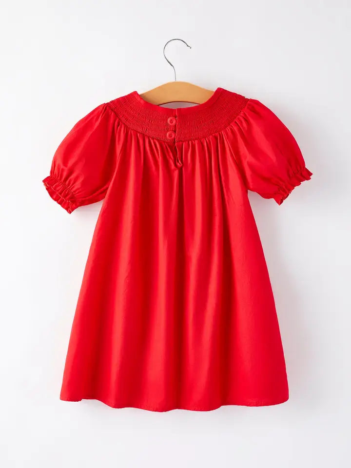 Bow Smocking Embroidered Red Dress