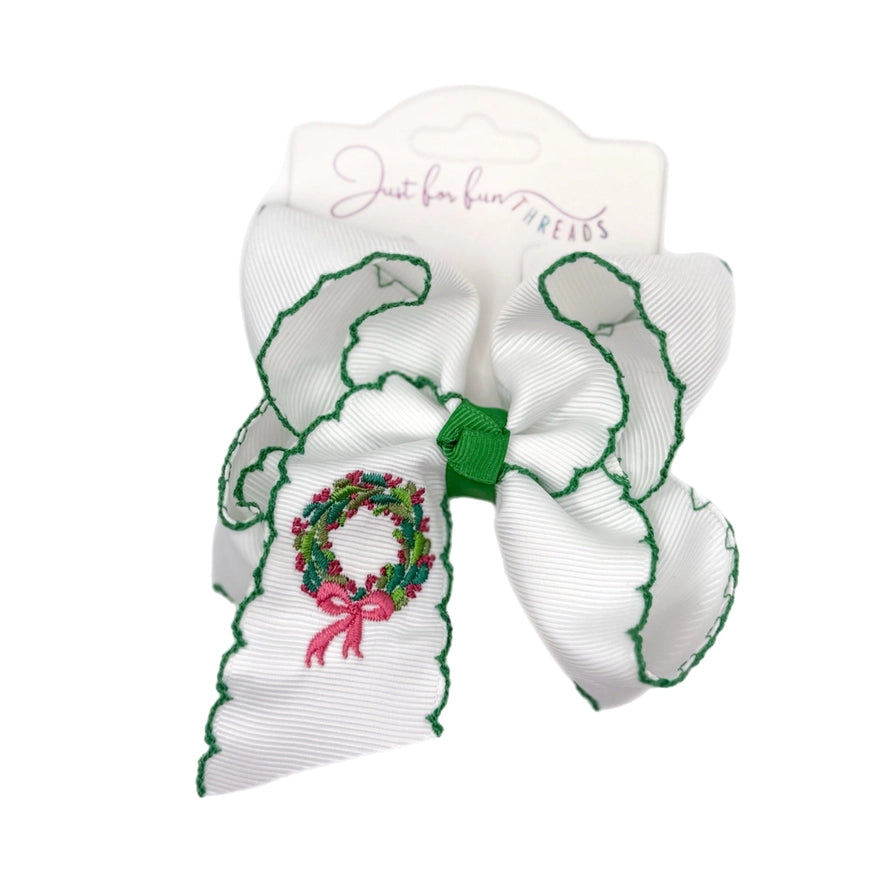 Christmas Wreath Moonstitch Hair Bow 5.5"