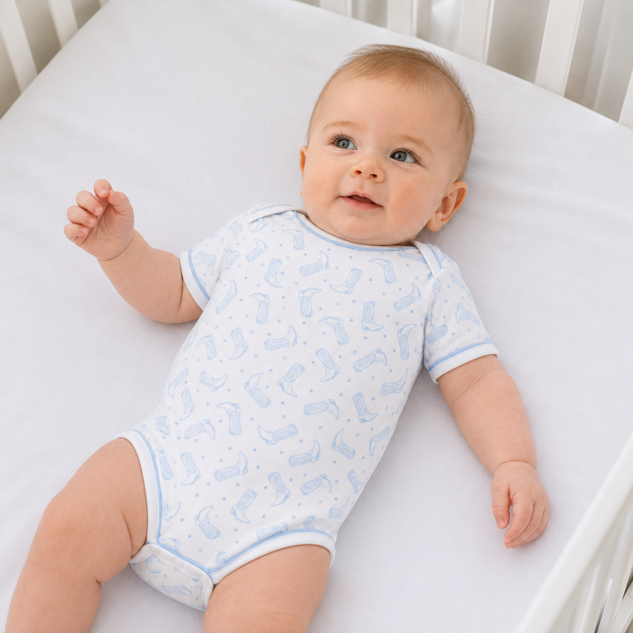 Darling Cowboy Boots Print Bodysuit - Light Blue