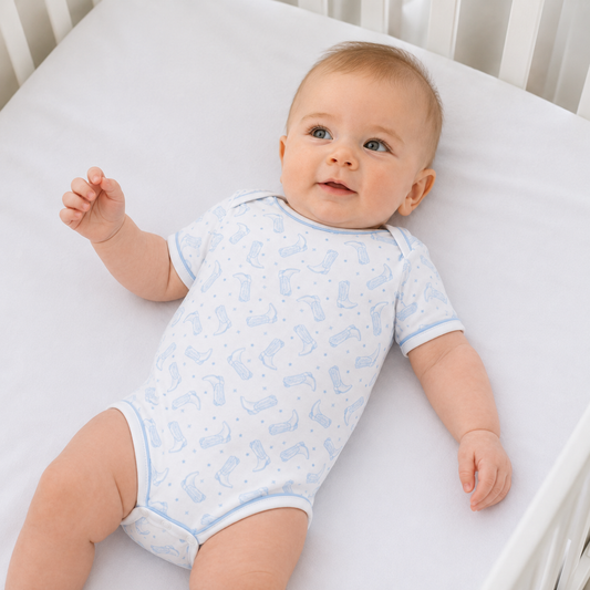 Darling Cowboy Boots Print Bodysuit - Light Blue