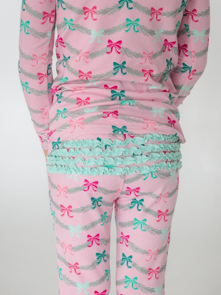 Softsnooze™ Toddler Girls Cotton Modal Sparkle Pink Tinsel Tidings Ruffle Long Sleeve Pajama Set with Signature Rear Ruffles