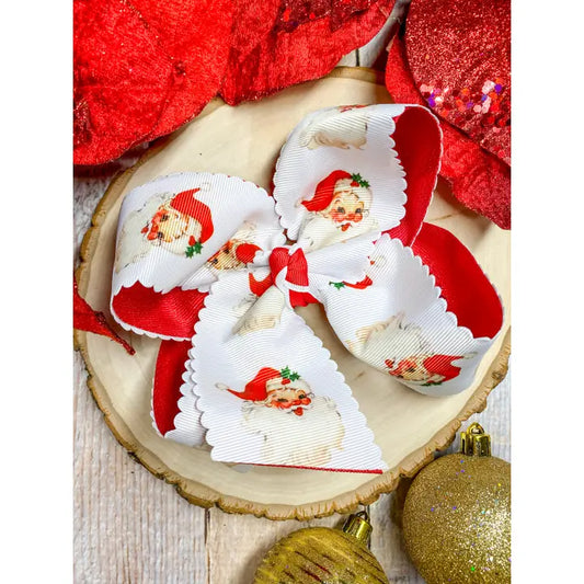 Scalloped Santa Print Hair Bow in Red