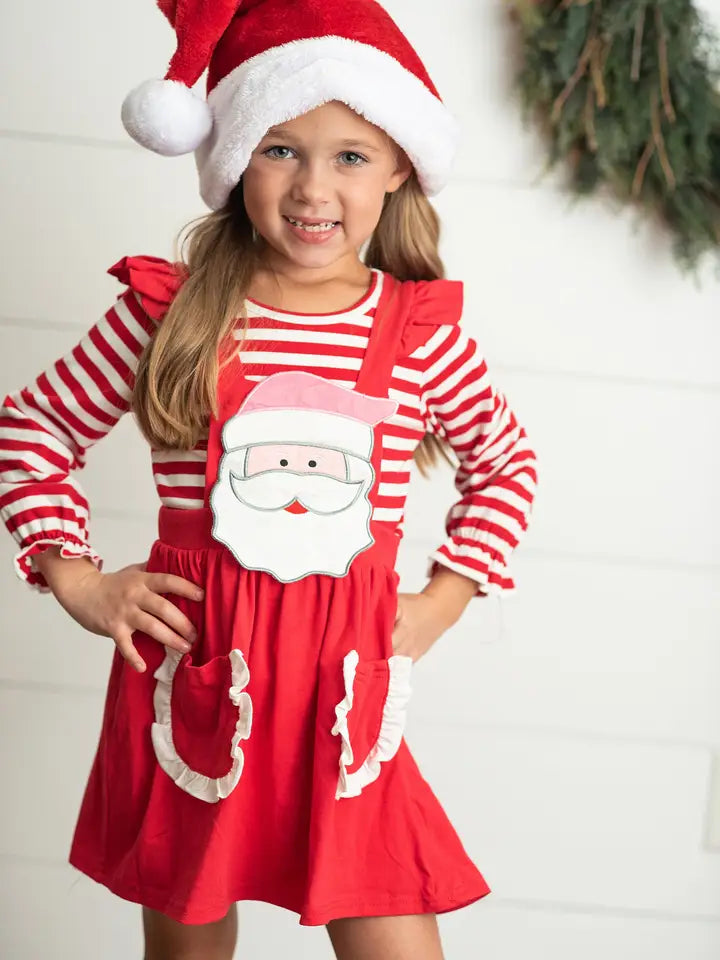 Striped Santa Ruffle Pocket Pinafore Christmas Set