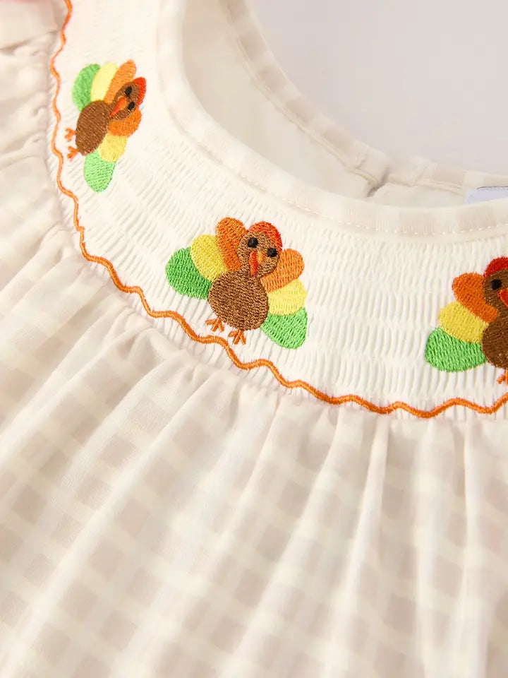 Fall Thanksgiving Apricot Plaid Turkey Embroidery Dress (ETA: Mid-July)