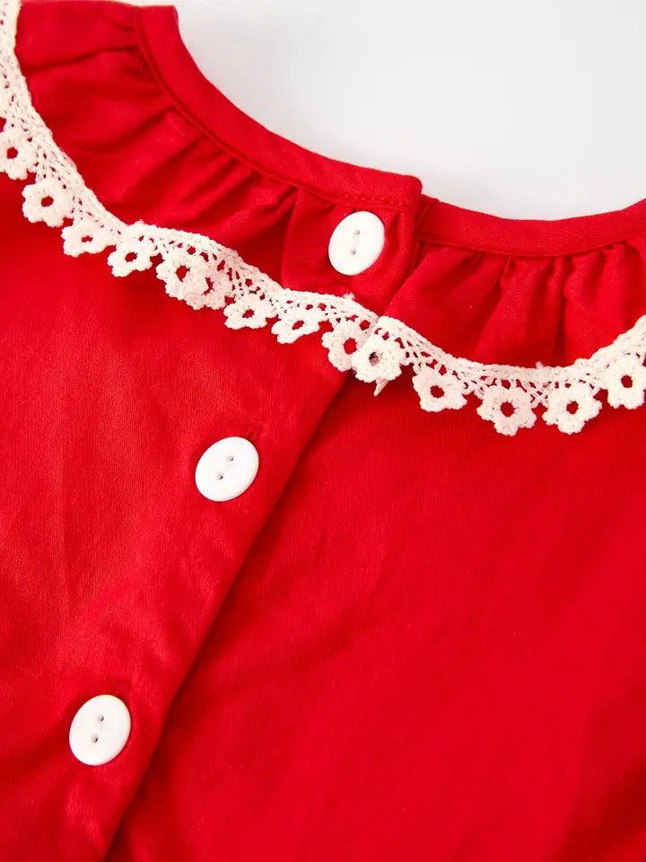 Red Cross Embroidery Dress with Lace Trim