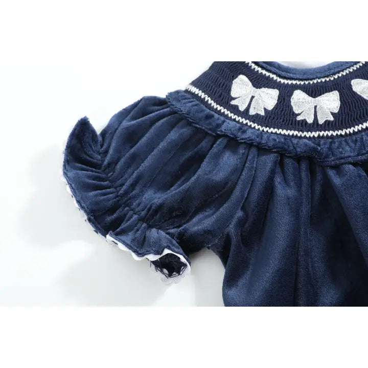 Blue Velvet Silver Bows Smocked Ruffle Bishop Dress
