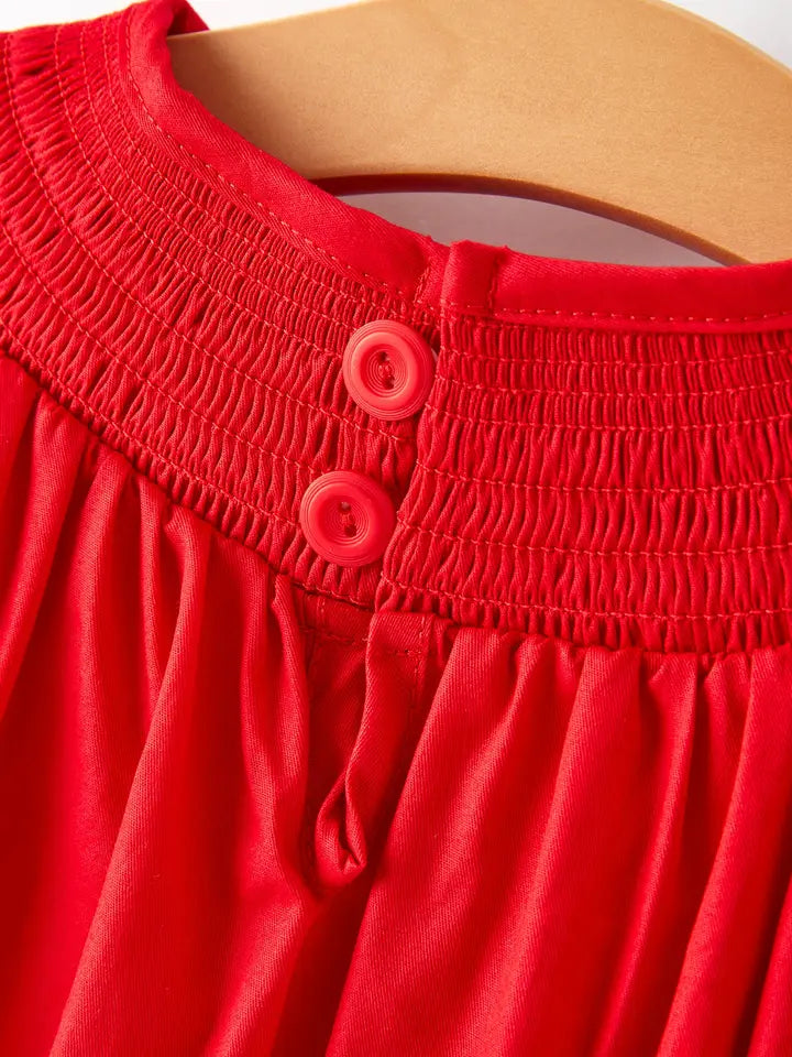 Bow Smocking Embroidered Red Dress