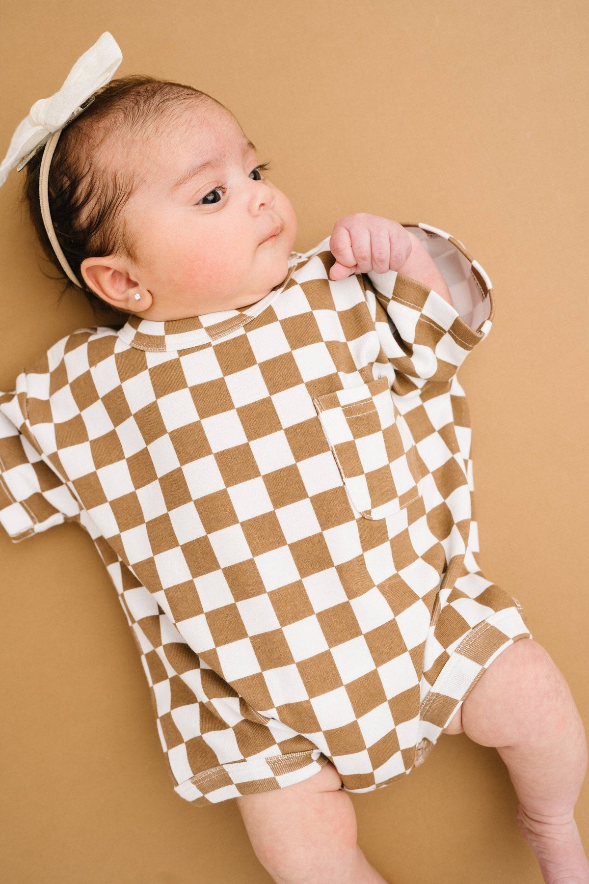 Brown Checkered Pocket Romper