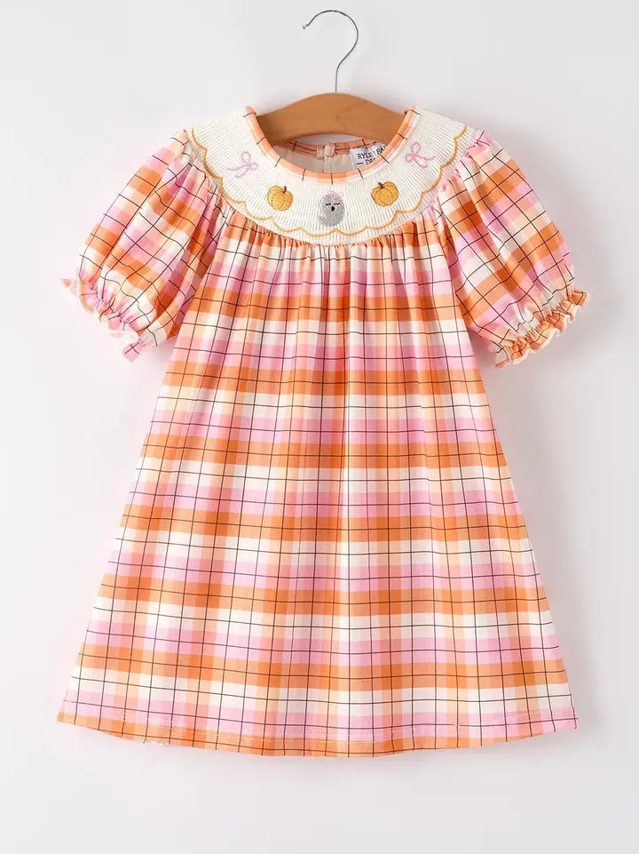 Halloween Pumpkin Bow Ghost Embroidered Plaid Girls Dress (ETA: Mid July)