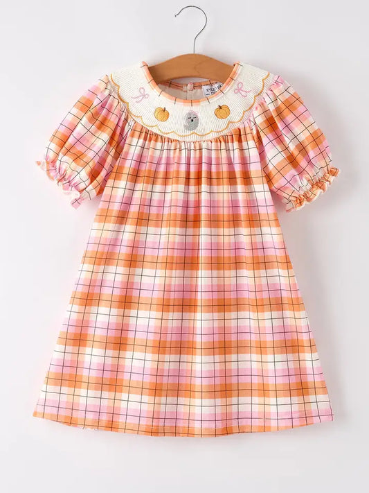 Halloween Pumpkin Bow Ghost Embroidered Plaid Girls Dress (ETA: Mid July)