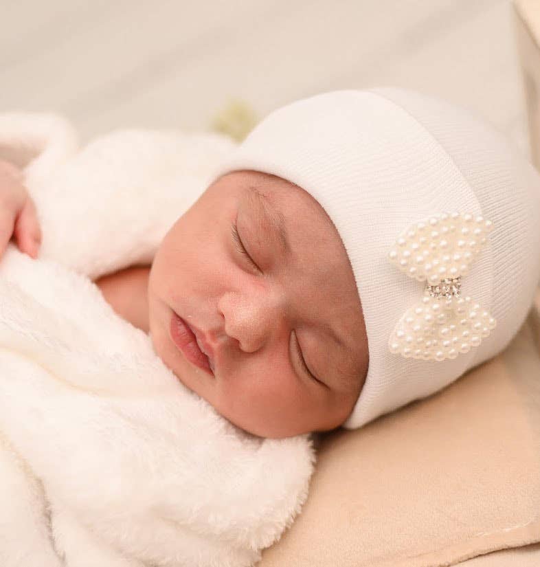 Ilybean White or Pink Hat MINI Pearl Bow Newborn Girl Hat