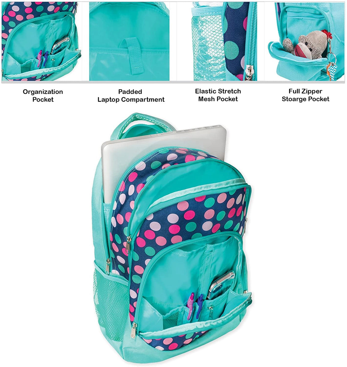 Teal Navy Party Polka Dot Laptop and School Backpack