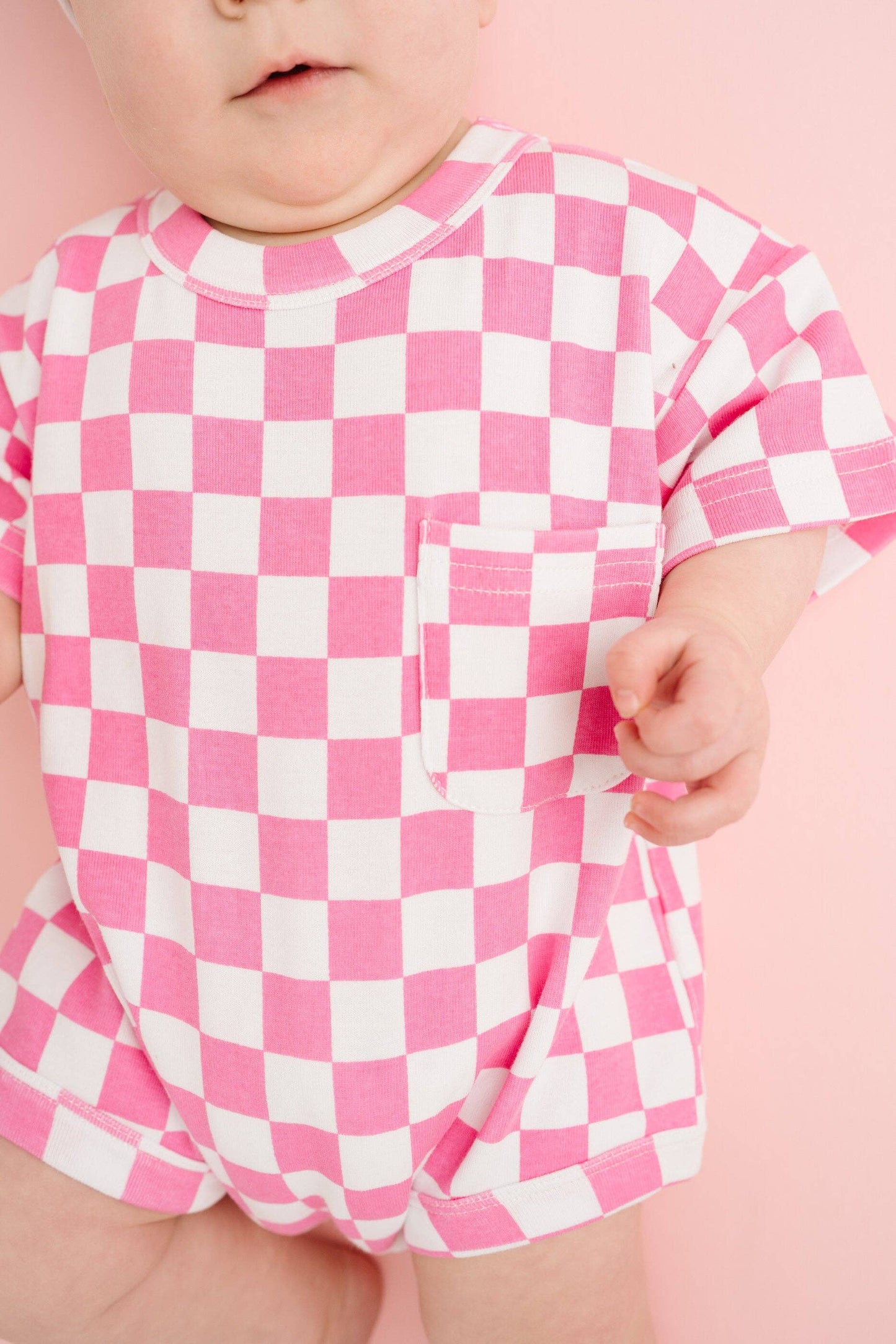 Pink Checkered Pocket Romper