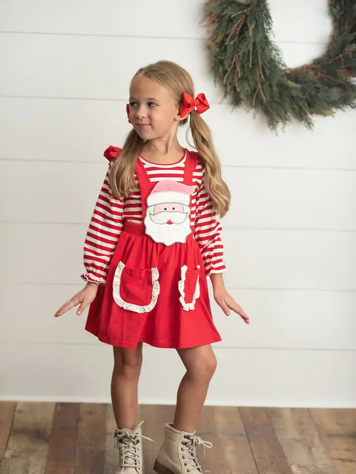 Striped Santa Ruffle Pocket Pinafore Christmas Set