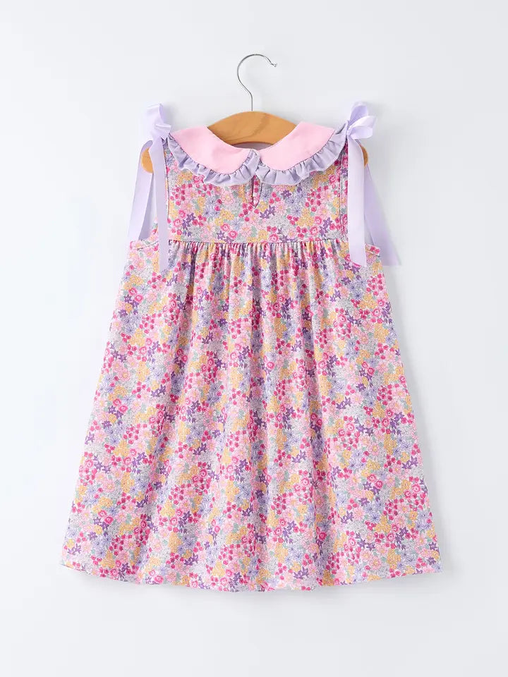 Summer Purple Floral Bow Ruffle Girls Dress