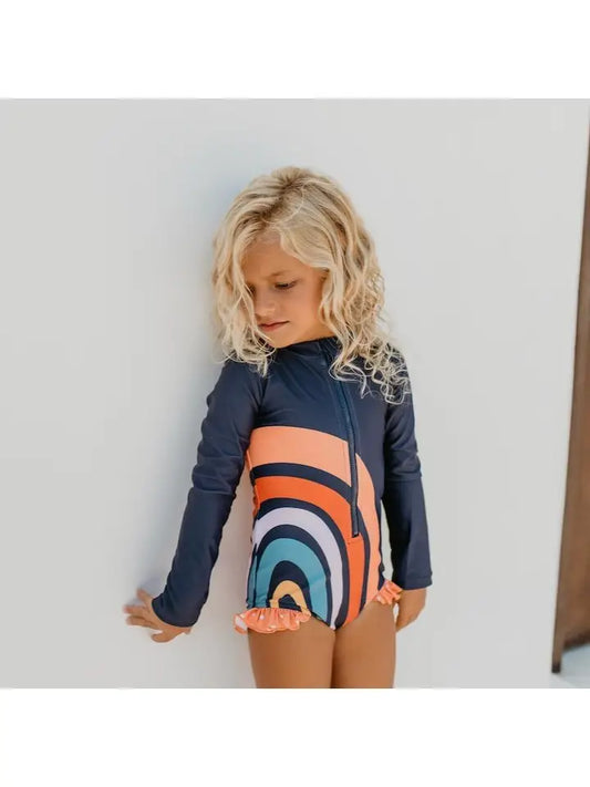 Kids Rainbow Navy Zip Rash Guard One Piece Swimsuit