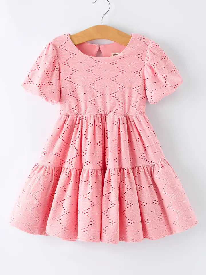Pink Eyelet Embroidered Girl Short Sleeve Dress