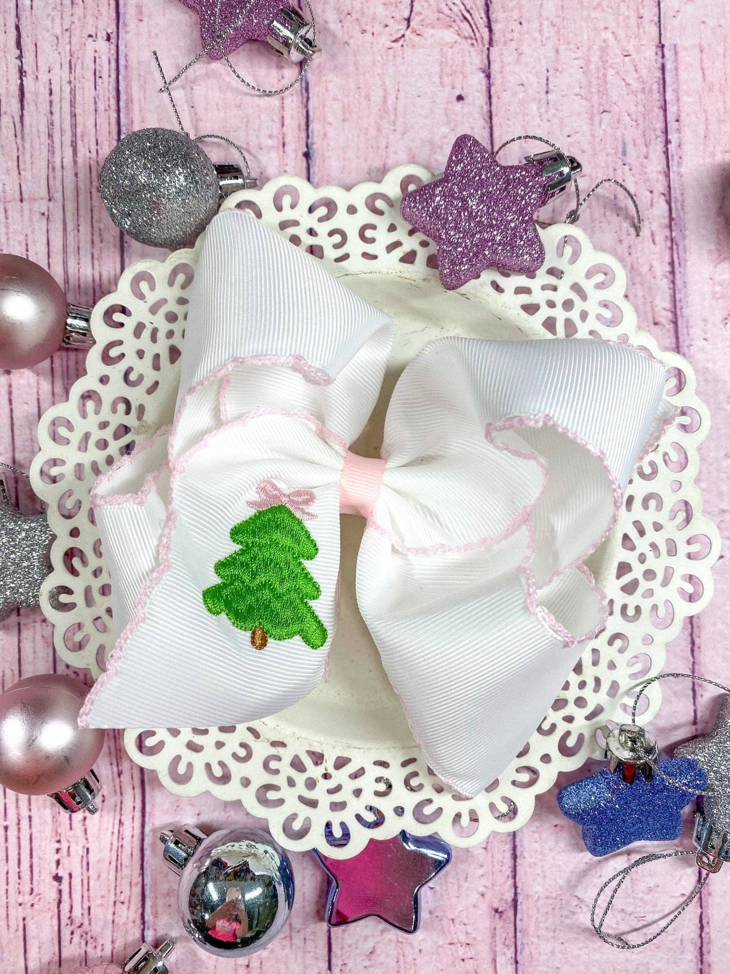 Pink Christmas Tree Embroidered Hair Bow | Clip or Headband