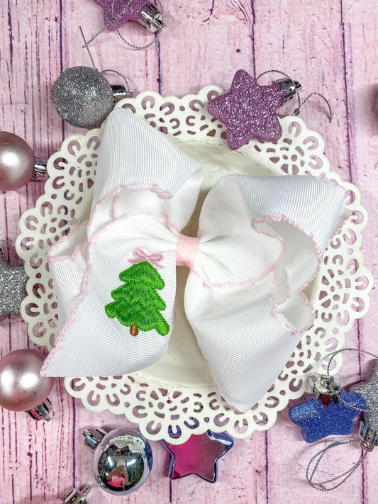 Pink Christmas Tree Embroidered Hair Bow | Clip or Headband