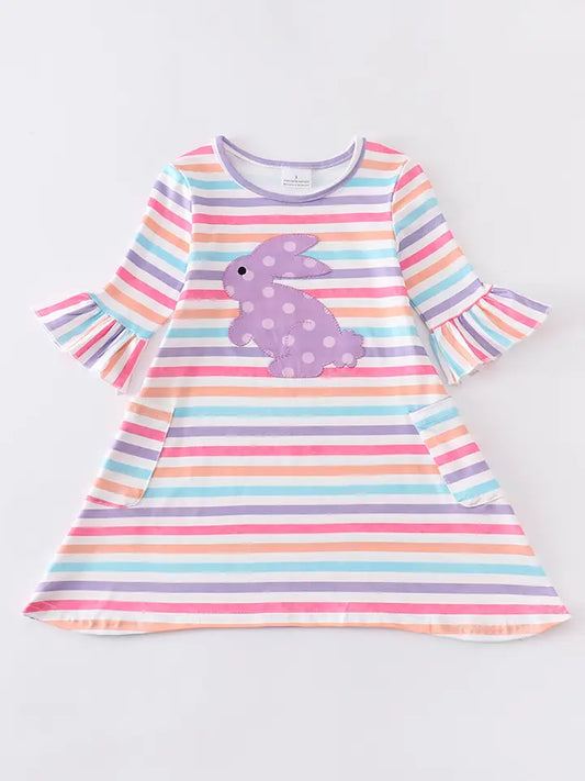 Colored Stripe Rabbit Applique Girl Dress (SPECIAL DEAL)