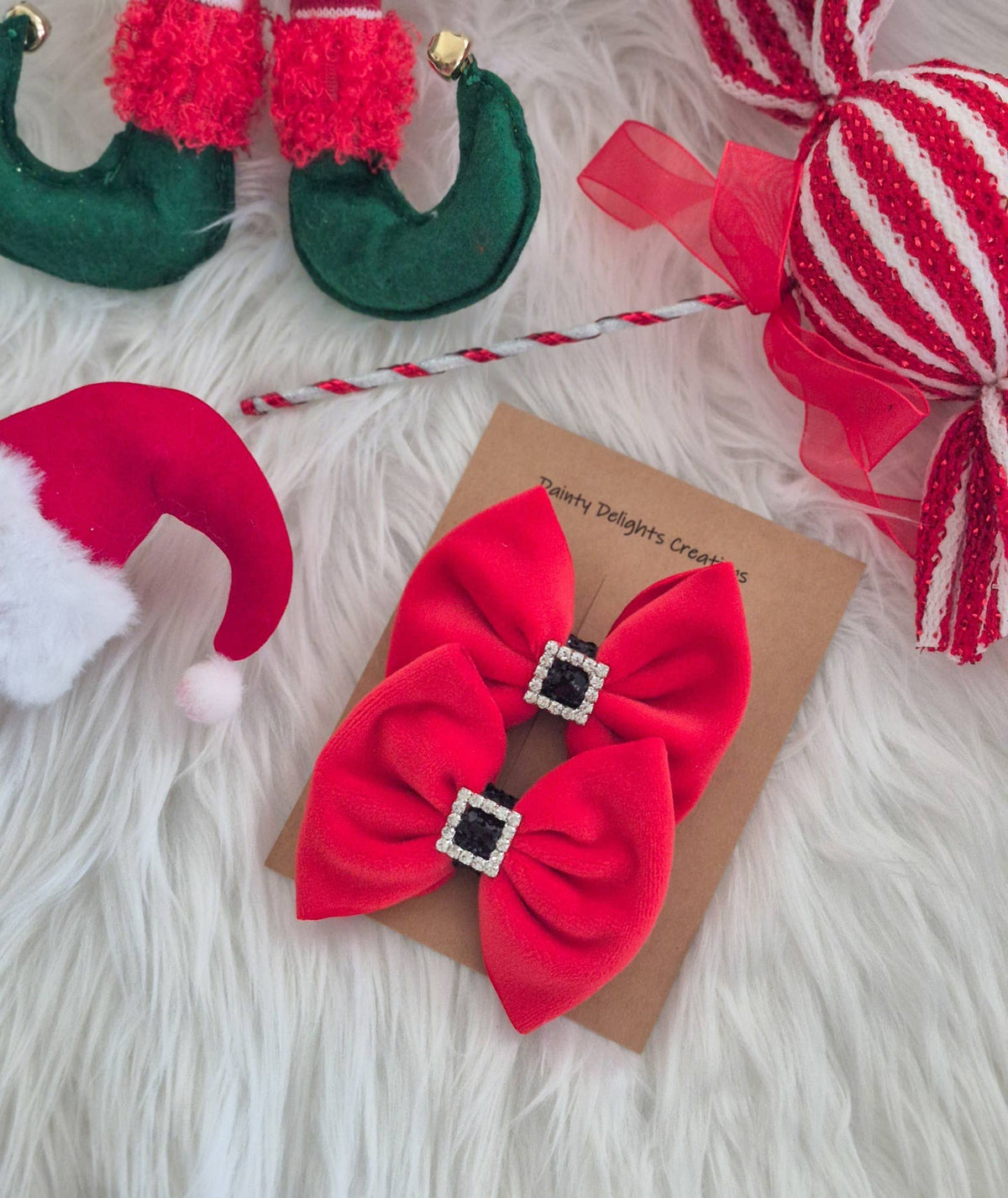 Savannah Bow PIGGIES Set-Plushy Velvet Santa