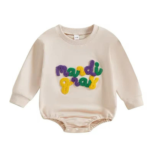 Cursive Mardi Gras French Knot Romper