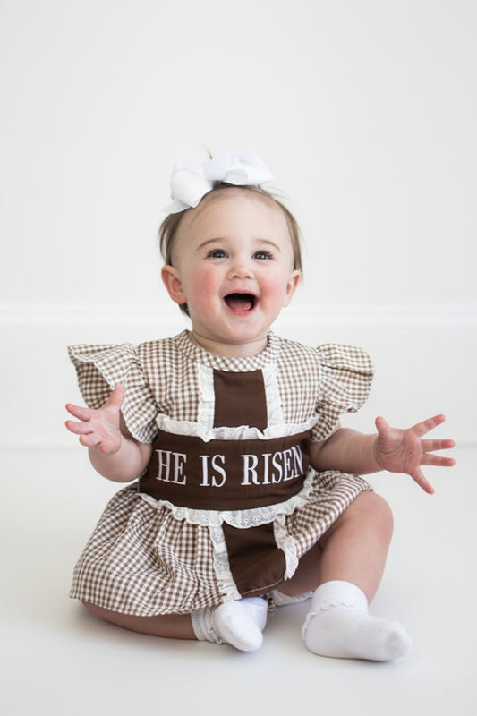 He is Risen Brown Gingham Romper