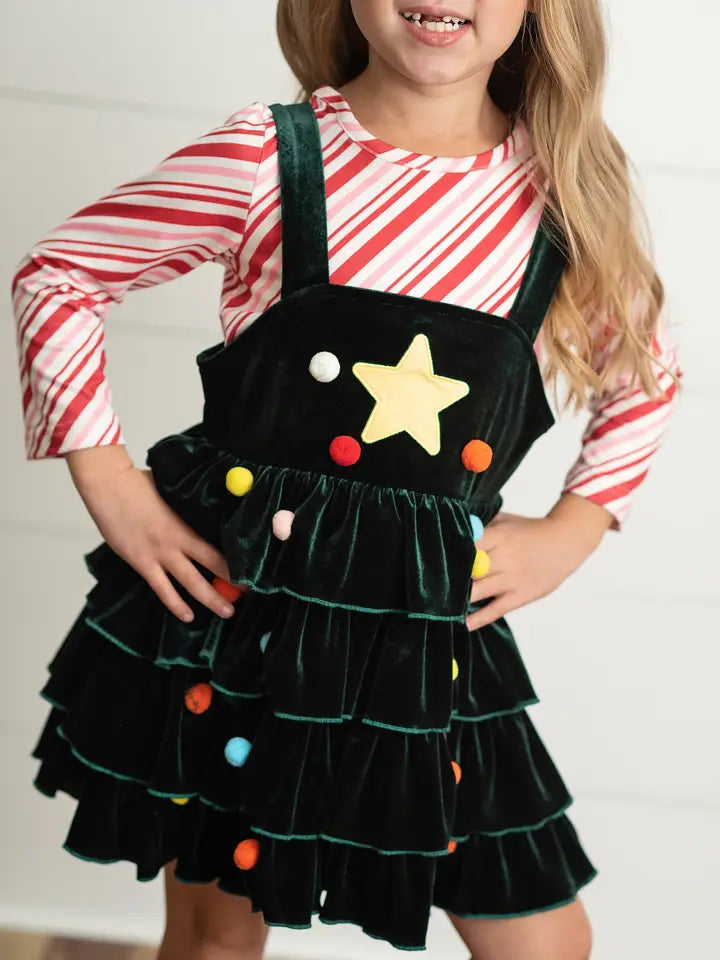 Kids Candy Cane & Velvet Christmas Tree Holiday Dress Set