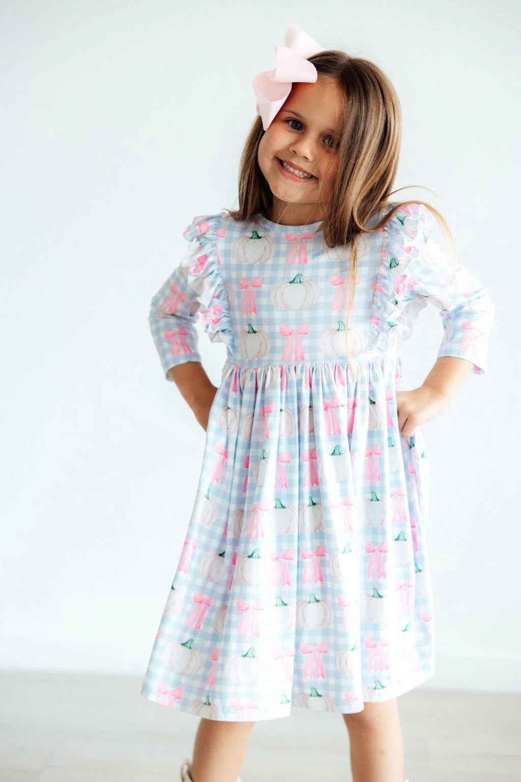 Pumpkin Picnic 3/4 Sleeve Ruffle Twirl Dress (Mila & Rose)